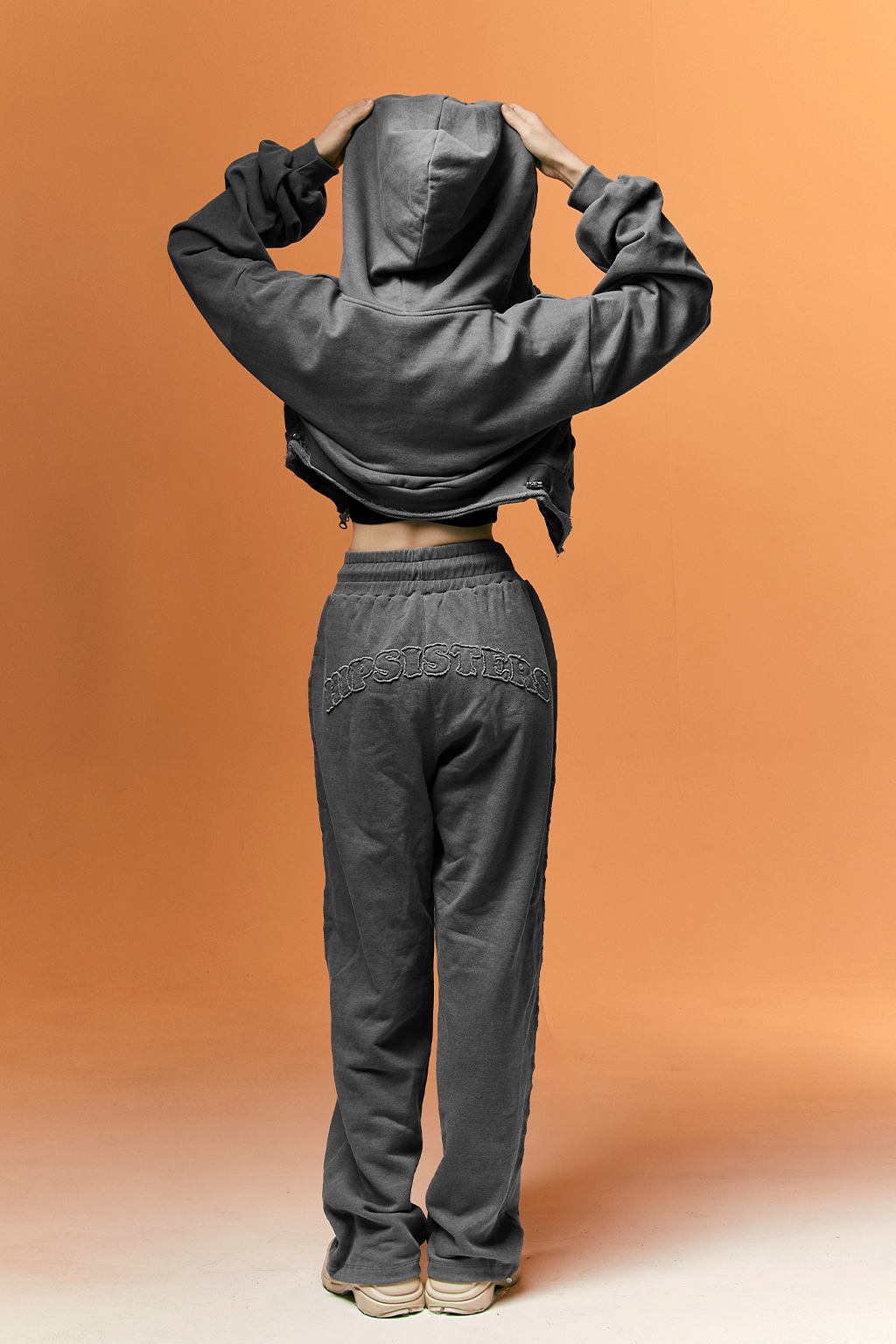 Patch Logo Two-Way Hood Zip-Up + Jogger Pants SET Charcoal Black